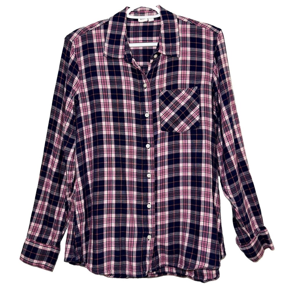 GAP Women’s Large Drapey Plaid Button Down Shirt Navy Pink Cotton Blend